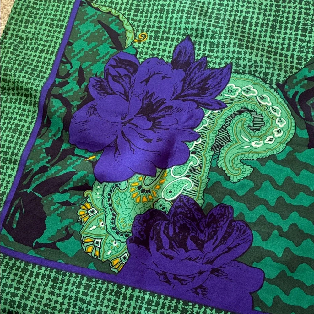 Christian Dior Green Purple and Gold 100% Silk Scarf with Floral Paisley Motif